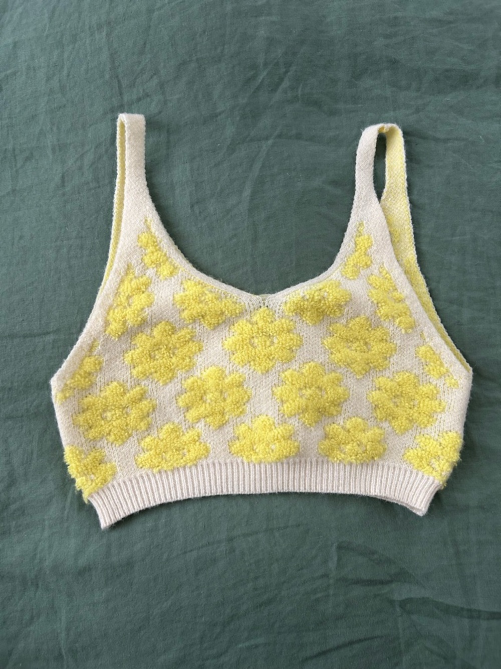 Storia Yellow and Cream Floral Knit Crop Tank